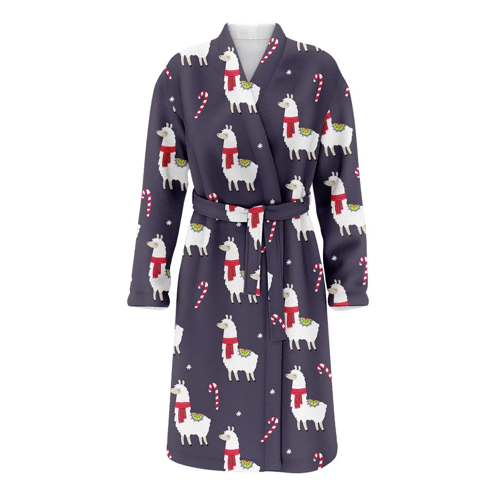 Cute Christmas Llamas And Sweet Candy Canes Family Matching Kimono Bathrobe Satin Fleece Robe