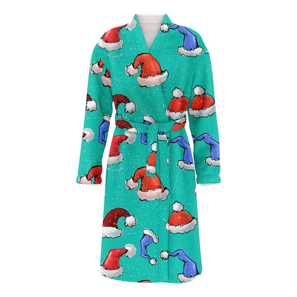 Cute Colorful Christmas Gift Santa Hats Family Matching Kimono Bathrobe Satin Fleece Robe
