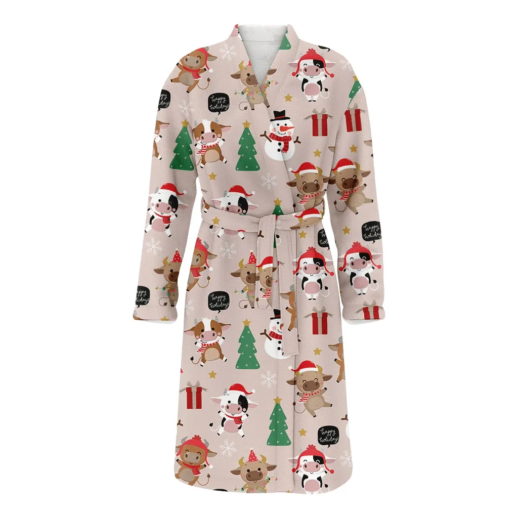 Cute Cow Animals Winter Costume And Snowflakes Trees Pattern Christmas Family Matching Kimono Bathrobe Satin Fleece Robe