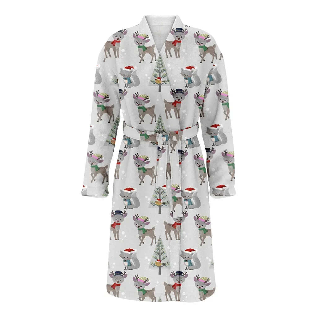 Cute Deer And Wolf With Christmas Hat Family Matching Kimono Bathrobe Satin Fleece Robe