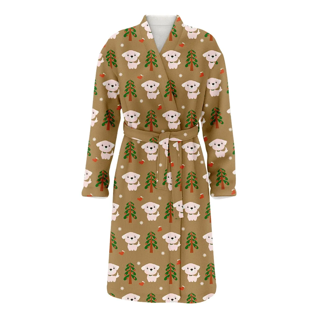Cute Dog And Christmas Tree On Brown Background Family Matching Kimono Bathrobe Satin Fleece Robe