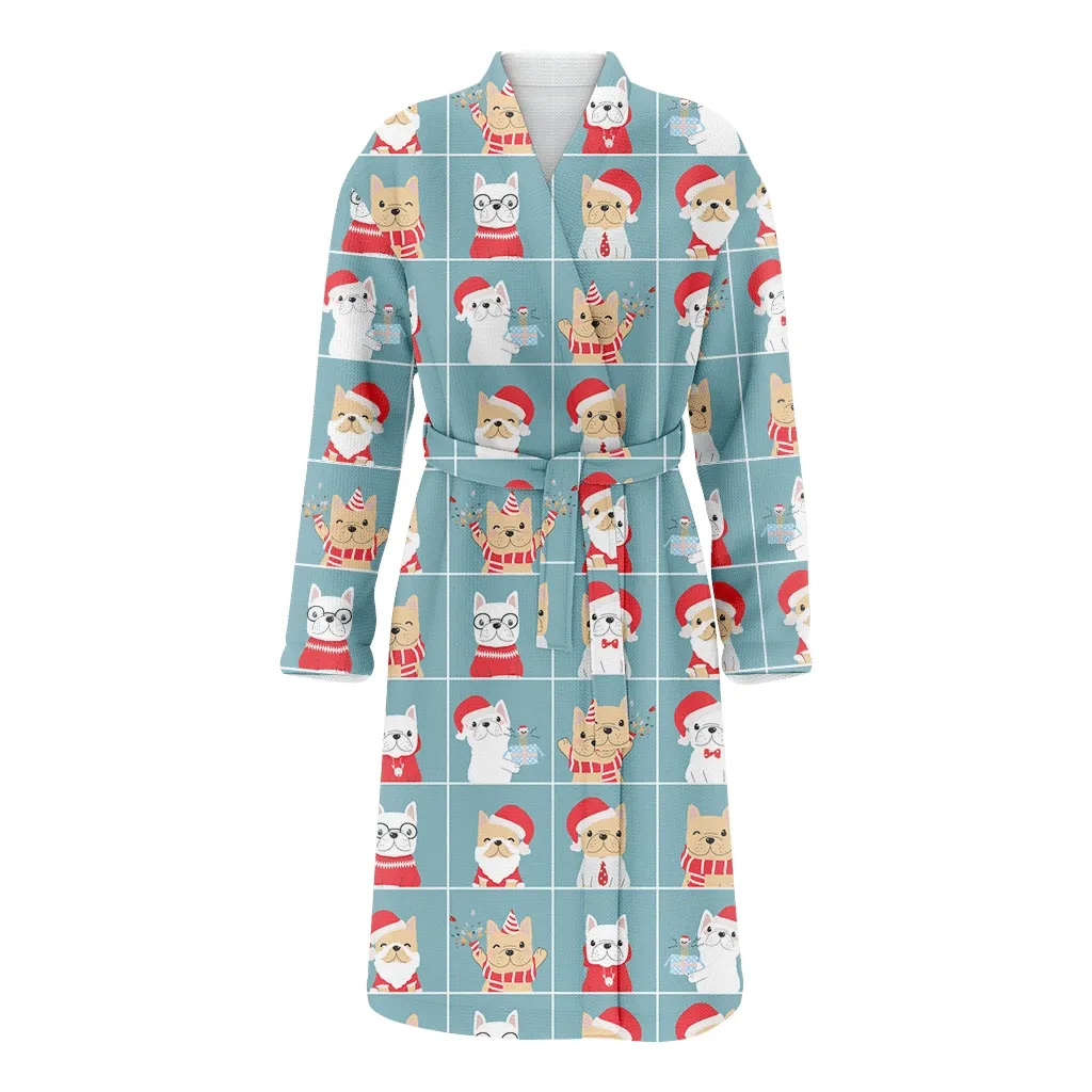 Cute French Bulldog Christmas Style Block Family Matching Kimono Bathrobe Satin Fleece Robe