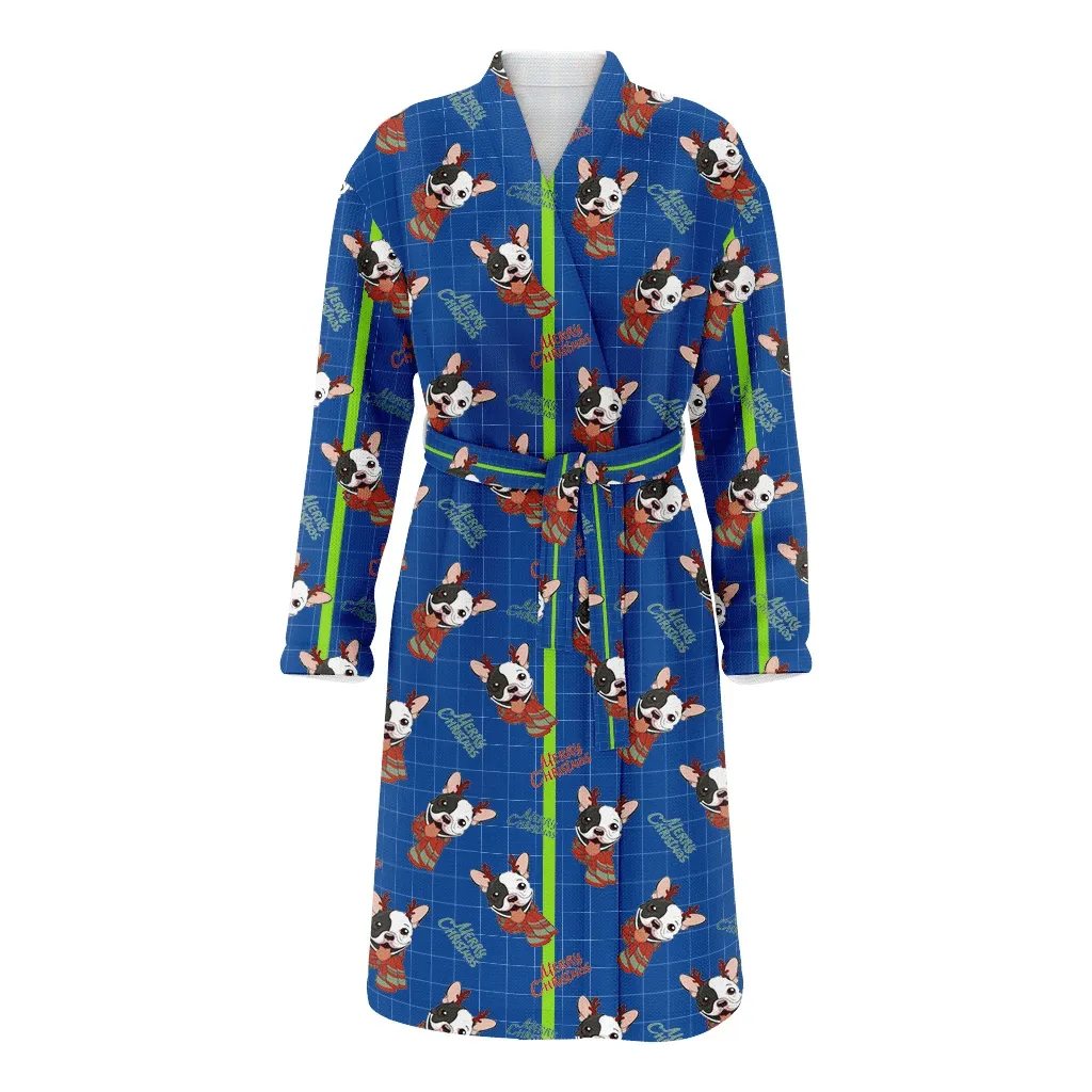 Cute French Bulldog Puppy With Deer Horns Christmas Family Matching Kimono Bathrobe Satin Fleece Robe