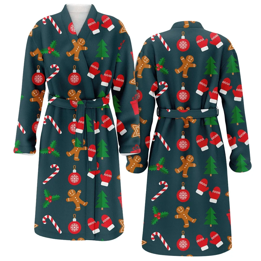 Cute Gingerbread Man Candy Gift Mistletoe And Gloves Pattern Christmas Gift Family Matching Kimono Bathrobe Satin Fleece Robe