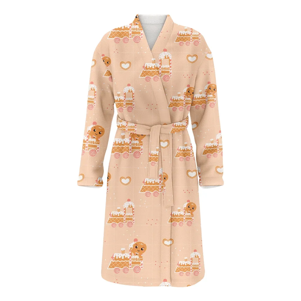 Cute Gingerbread Train Cookie Locomotive On Light Yellow Background Christmas Gift Family Matching Kimono Bathrobe Satin Fleece Robe