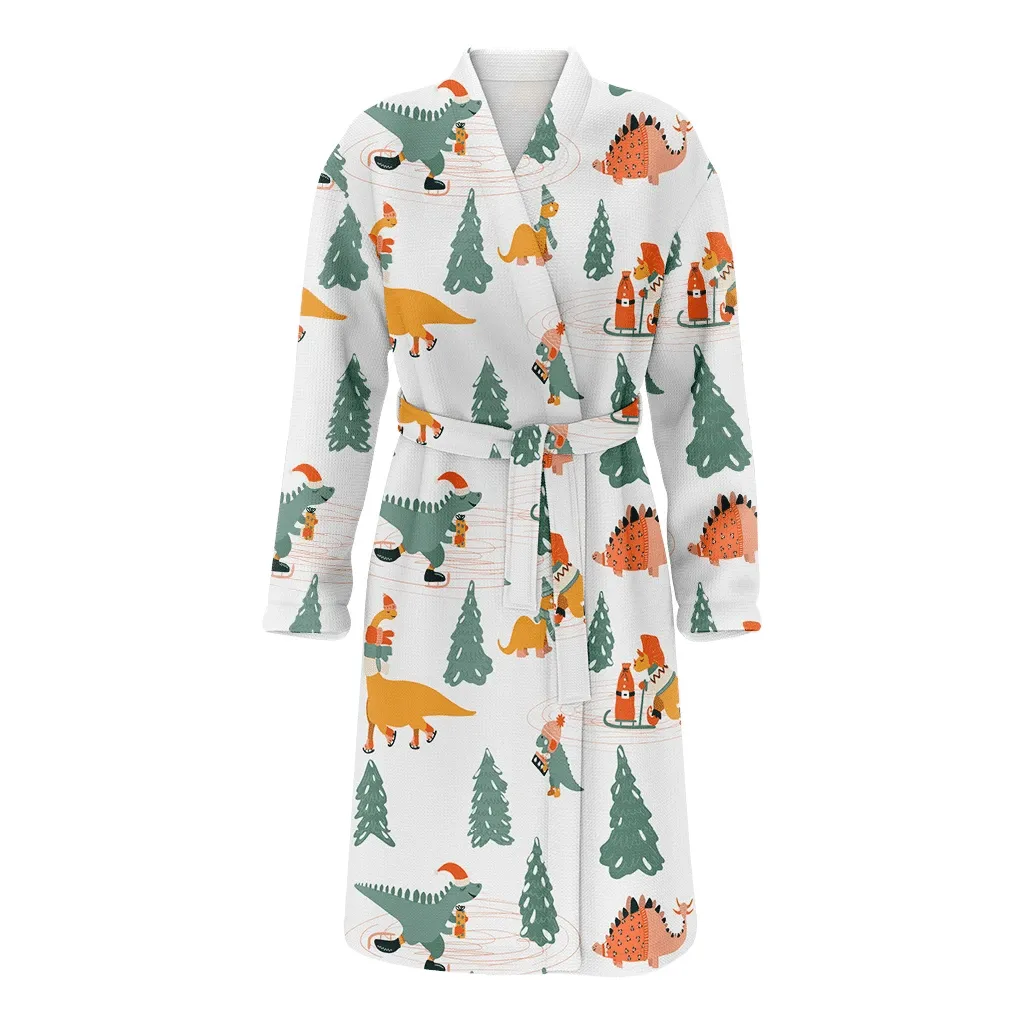 Cute Moments Of Dinosaurs In The Forest Christmas Family Matching Kimono Bathrobe Satin Fleece Robe