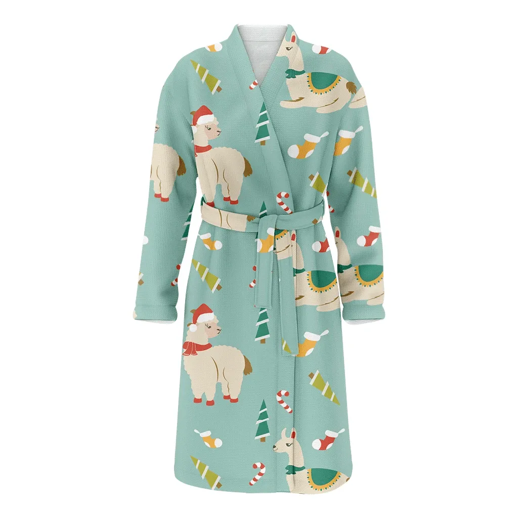 Cute Moments Of Llama On Christmas Holiday Family Matching Kimono Bathrobe Satin Fleece Robe
