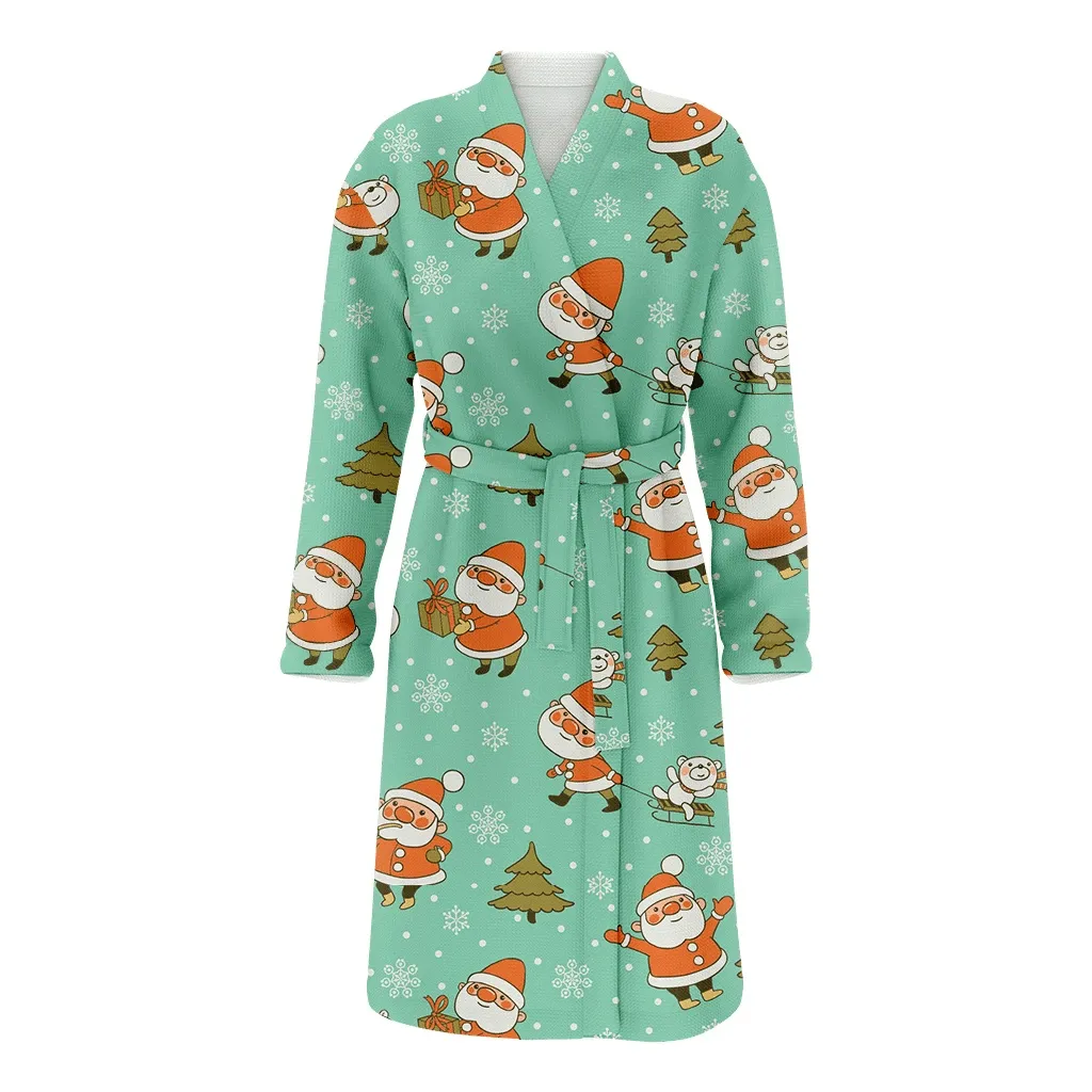 Cute Moments Of Santa And Teddy Bear On Christmas Gift Holiday Family Matching Kimono Bathrobe Satin Fleece Robe