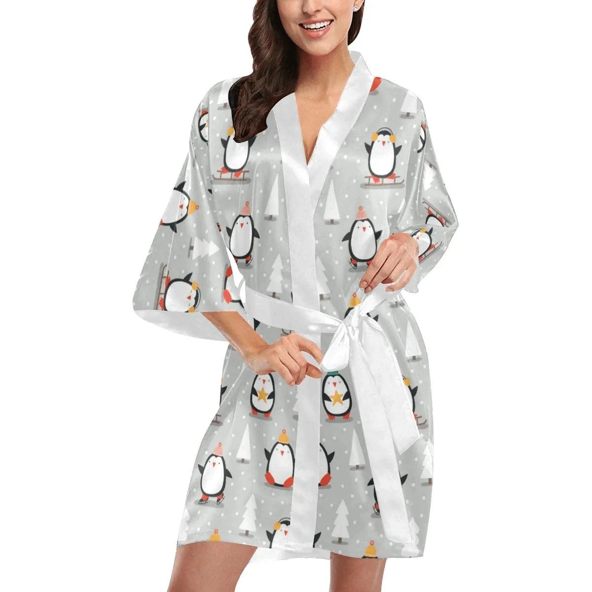 Cute Penguin Christmas Pattern Family Matching Kimono Bathrobe Satin Fleece Robe