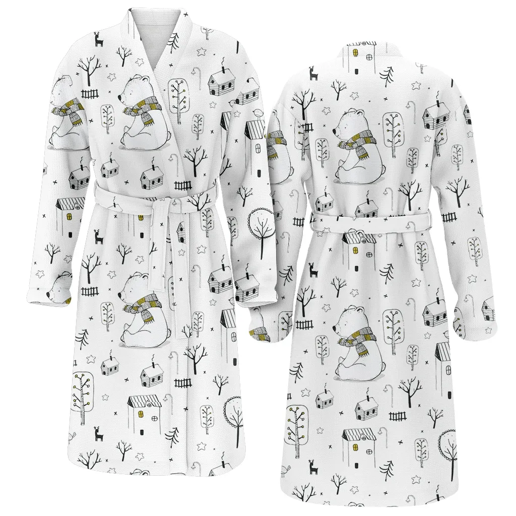 Cute Polar Bear Houses Trees And Deer For Christmas Family Matching Kimono Bathrobe Satin Fleece Robe
