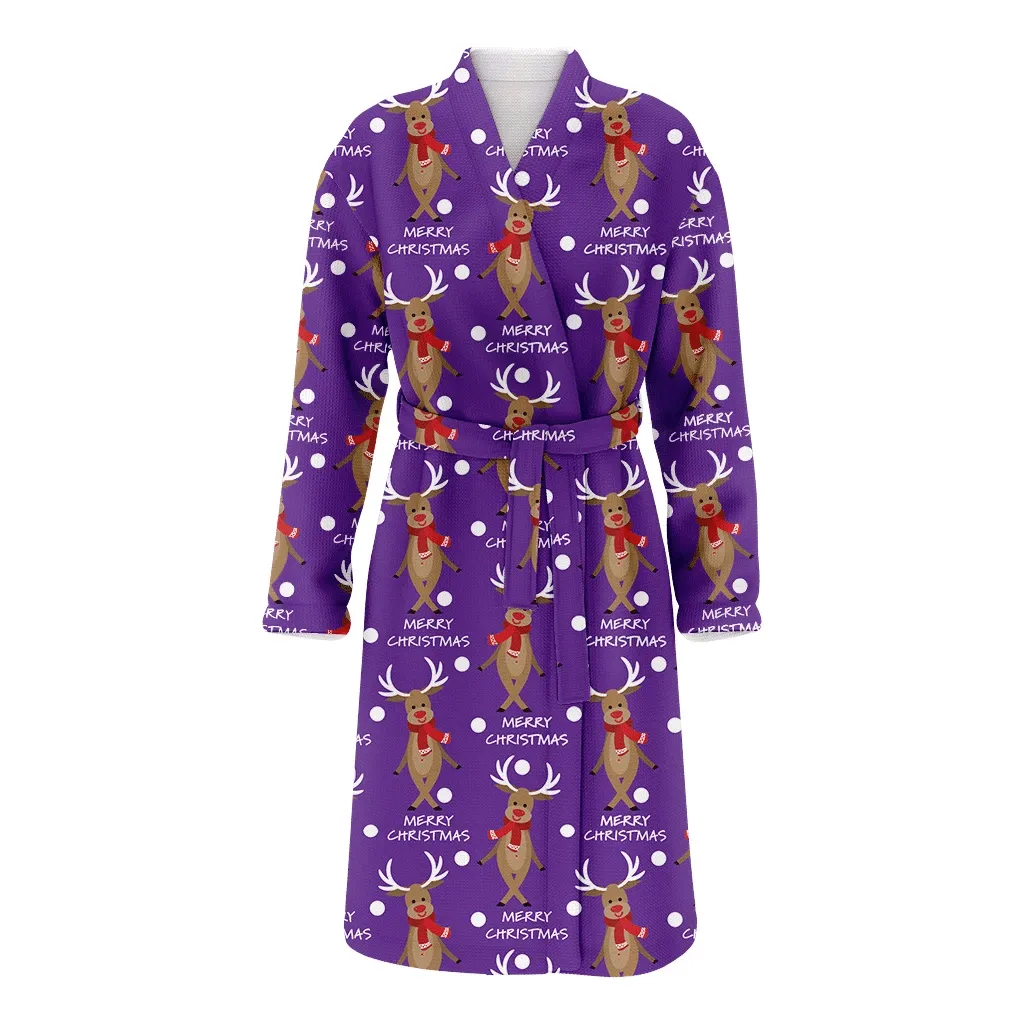 Cute Reindeer Wear Red Ccarf With Merry Christmas Gift Family Matching Kimono Bathrobe Satin Fleece Robe