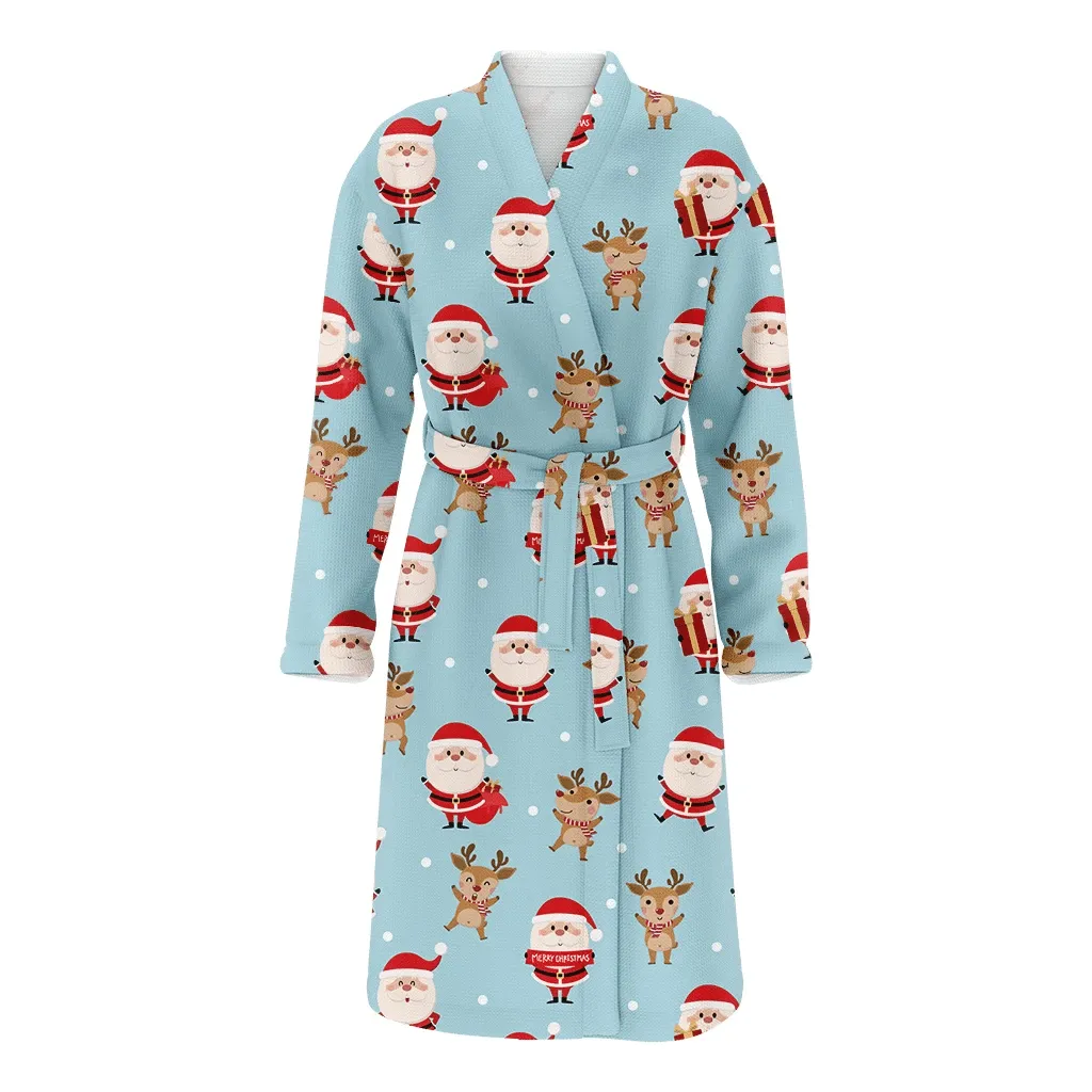 Cute Santa Claus And Deer Dancing On Christmas Gift Holiday Family Matching Kimono Bathrobe Satin Fleece Robe