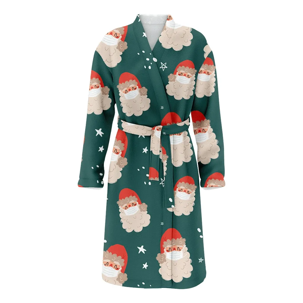 Cute Santa Claus In Medical Face Mask Christmas Gift Family Matching Kimono Bathrobe Satin Fleece Robe
