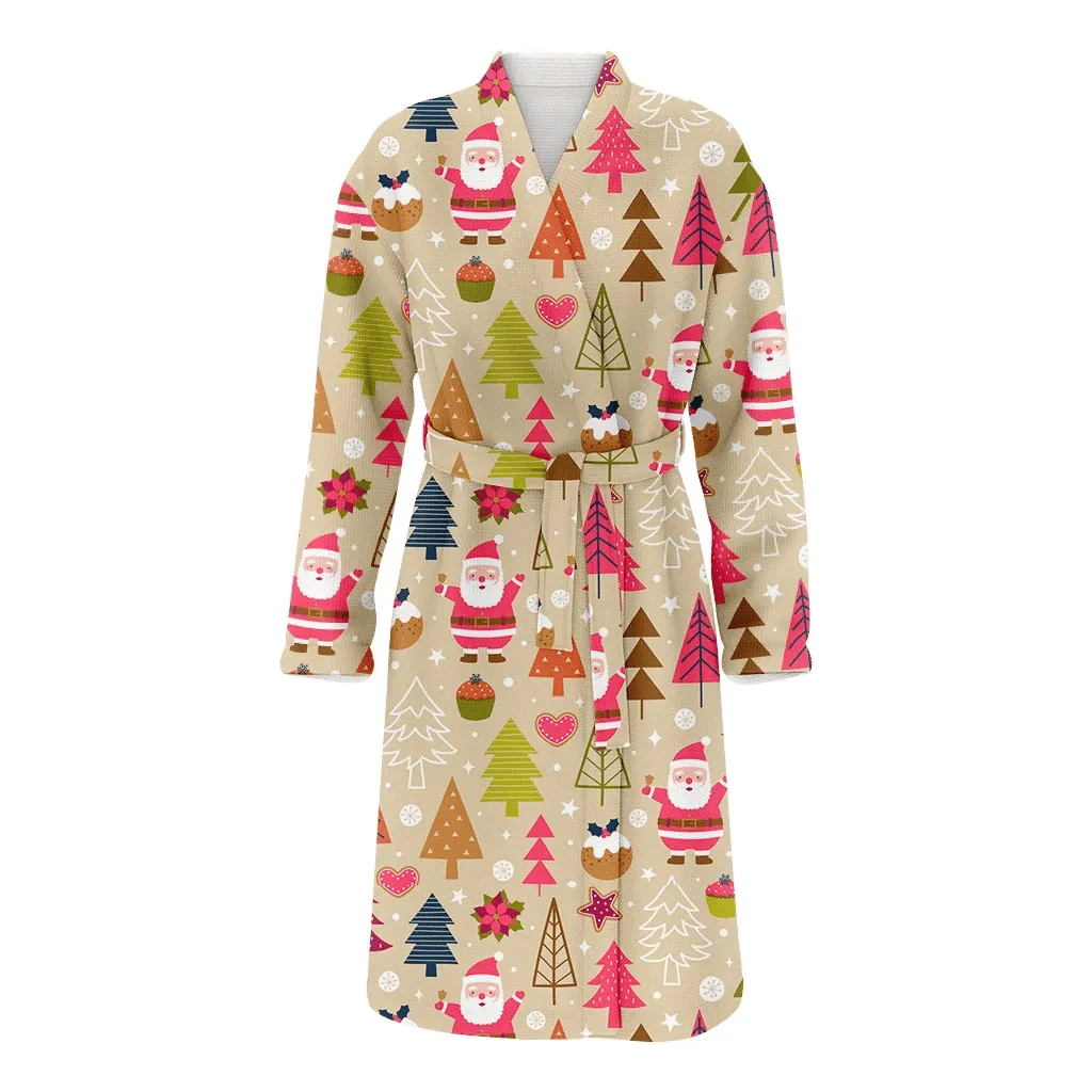 Cute Santa Claus Pine Tree And Christmas Gift Elements Pattern Family Matching Kimono Bathrobe Satin Fleece Robe