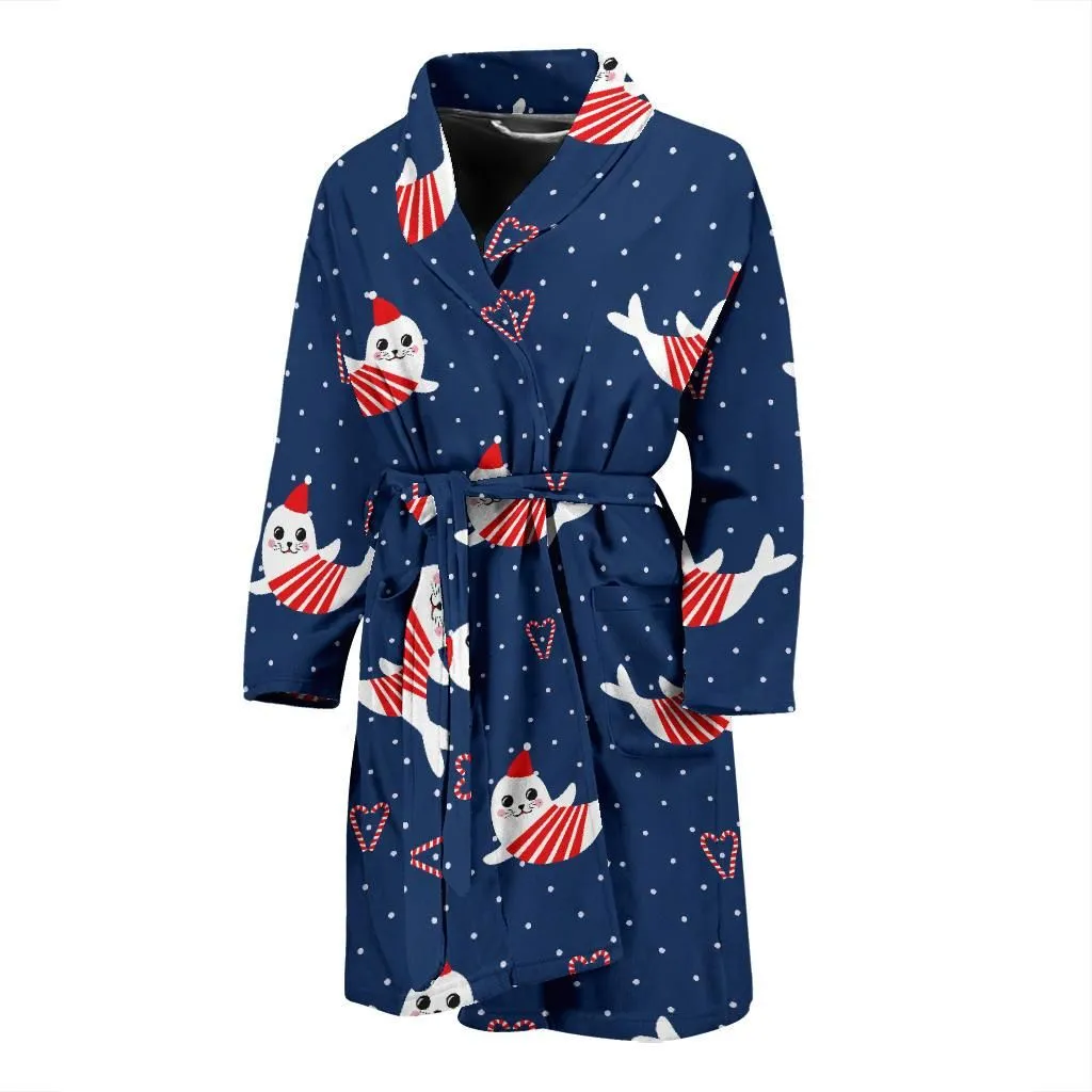 Cute Sea Lion Seal Christmas Hat Candy Cane Heart Pattern Family Matching Kimono Bathrobe Satin Fleece Robe