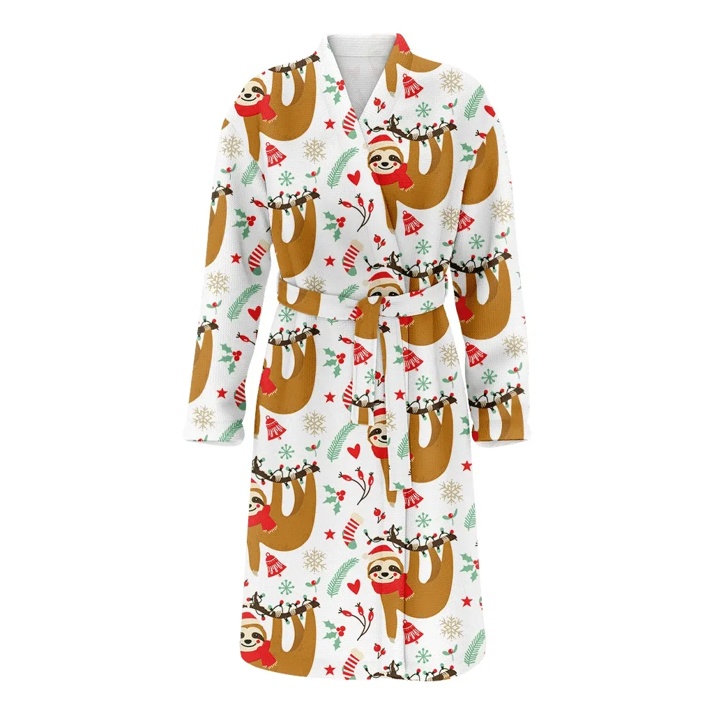 Cute Sloth Santa On Tree Branch Christmas Holiday Family Matching Kimono Bathrobe Satin Fleece Robe