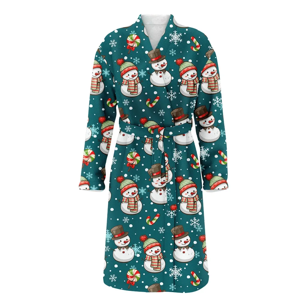 Cute Snowman Snowflake And Christmas Candy Family Matching Kimono Bathrobe Satin Fleece Robe