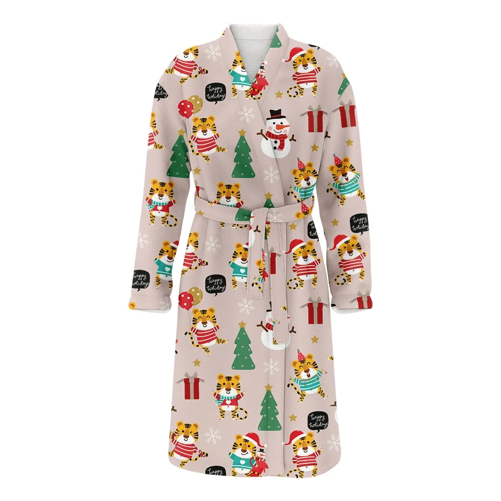 Cute Tiger Winter Chritsmas Costume With Tree And Gift Boxes Christmas Gift Family Matching Kimono Bathrobe Satin Fleece Robe