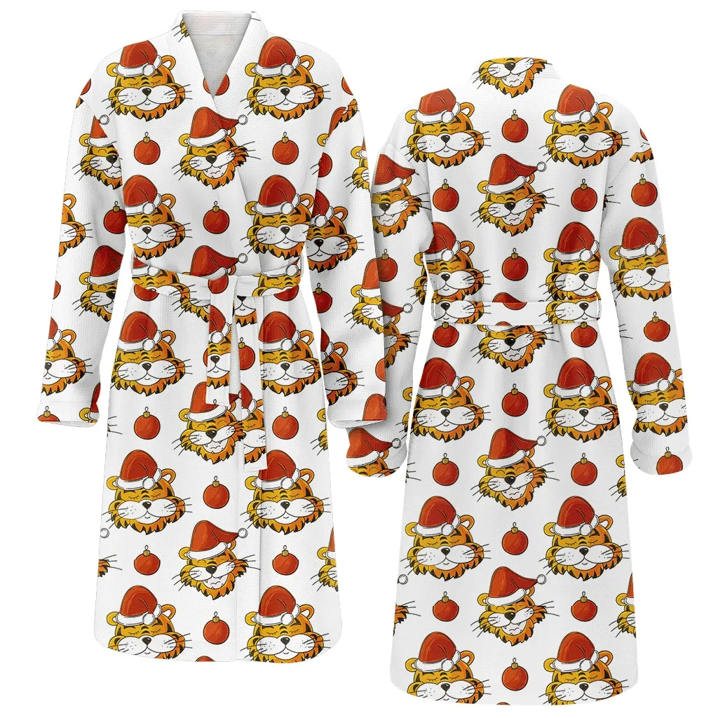 Cute Tigers Heads In Christmas Gift Red Hats Family Matching Kimono Bathrobe Satin Fleece Robe