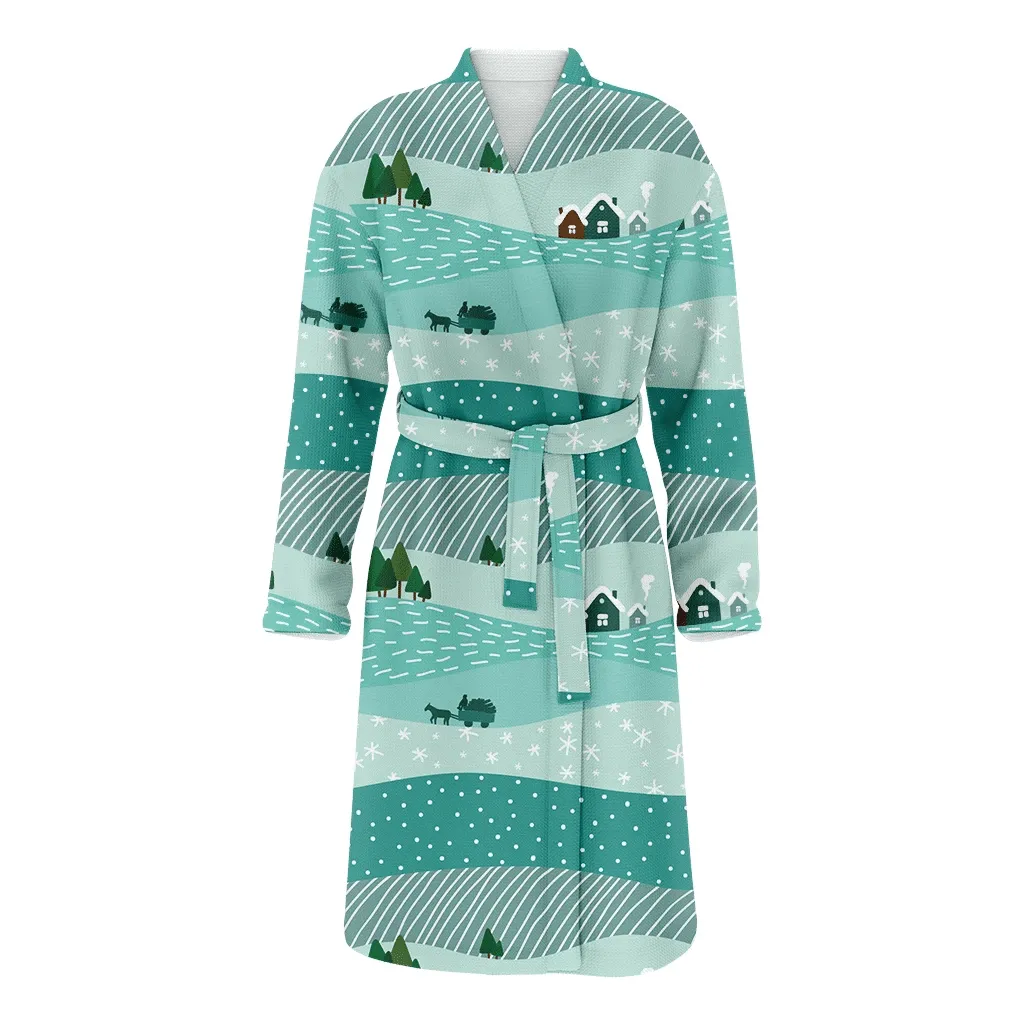 Cute Winter Green Landscape And Horse Christmas Family Matching Kimono Bathrobe Satin Fleece Robe
