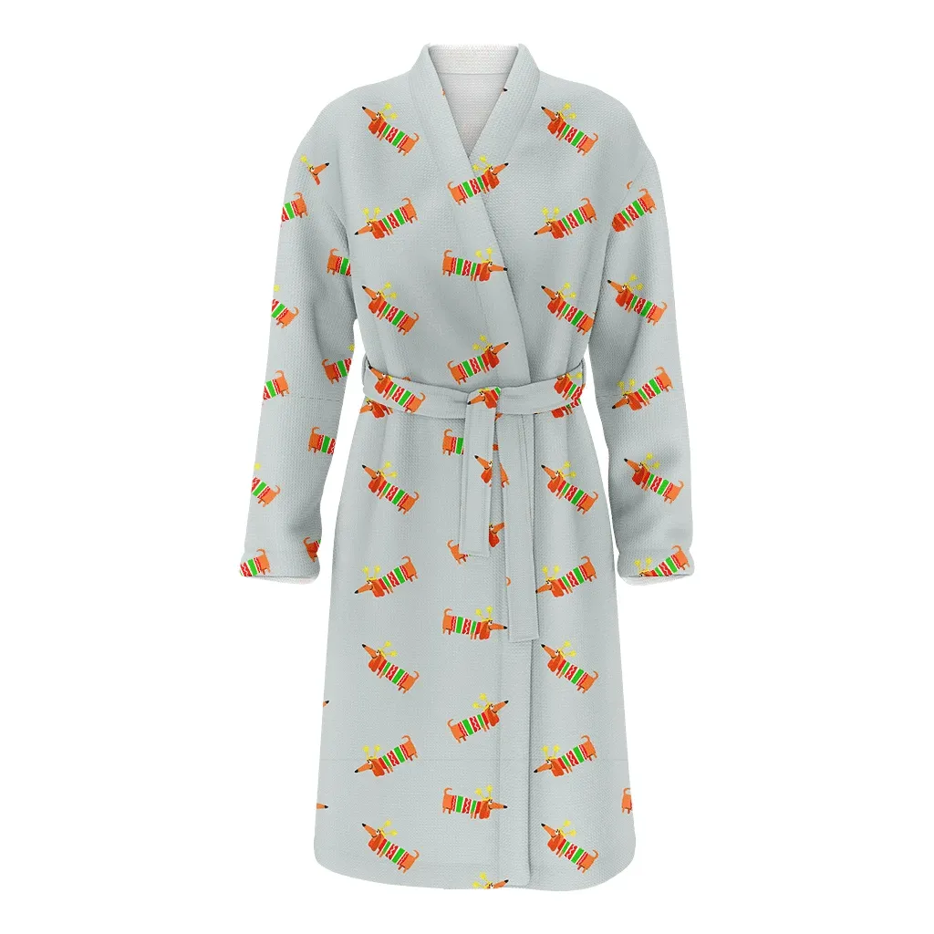 Dachshund Dog In Christmas Outfit On Grey Family Matching Kimono Bathrobe Satin Fleece Robe