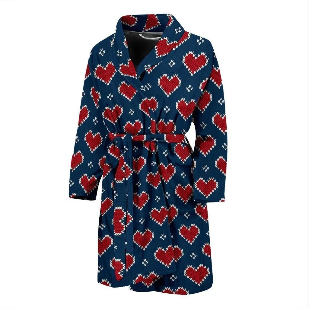Dark Blue Fairisle Heart Christmas Family Matching Kimono Bathrobe Satin Fleece Robe