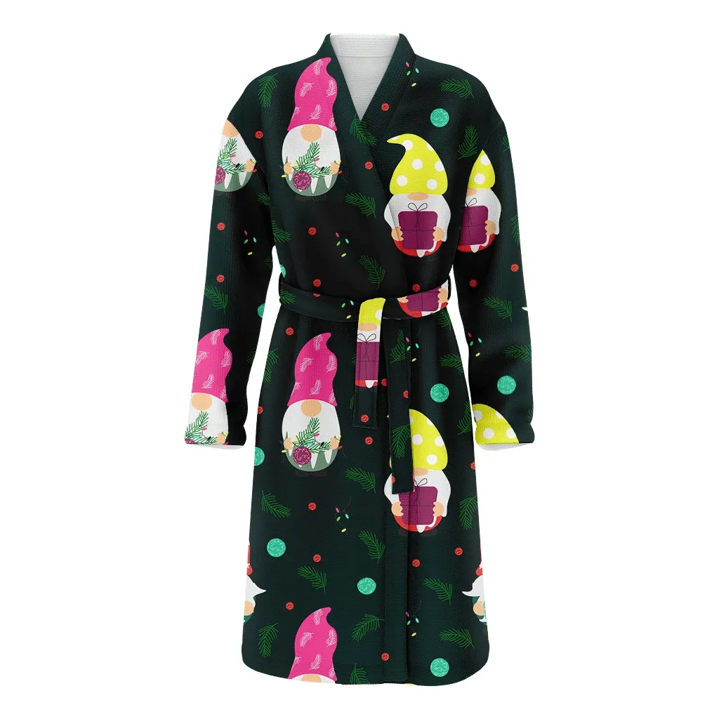 Dark Theme With Palm Leaves Gnomes And Gifts Boxes Christmas Family Matching Kimono Bathrobe Satin Fleece Robe