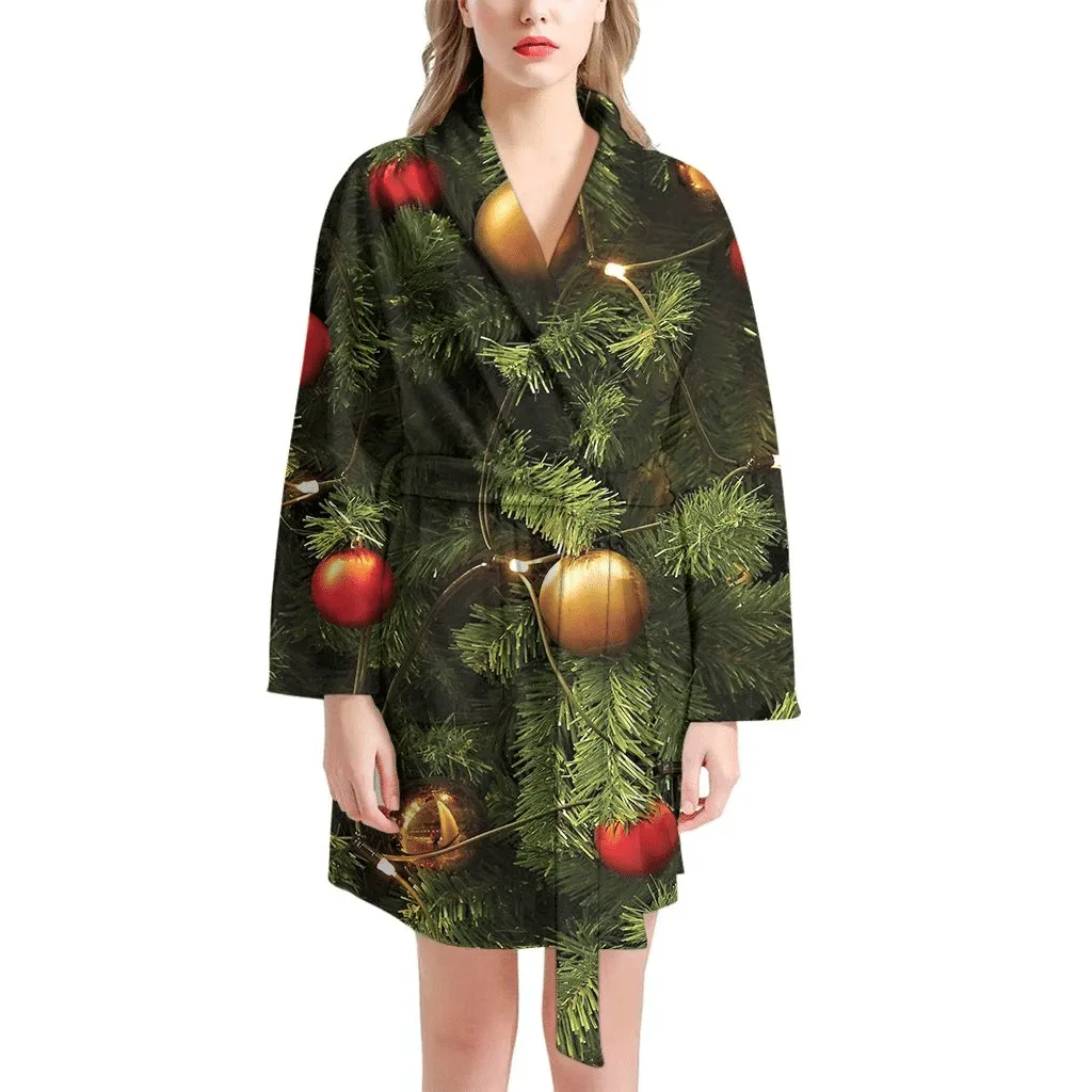 Decorated Christmas Tree Family Matching Kimono Bathrobe Satin Fleece Robe