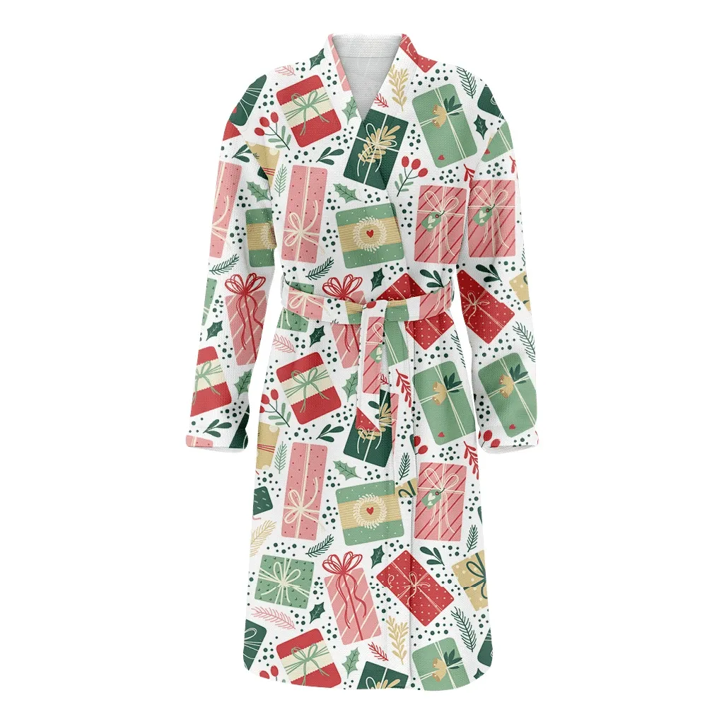 Decorative Christmas Gift With Gifts Berries Holly Leaves Snow Balls Family Matching Kimono Bathrobe Satin Fleece Robe