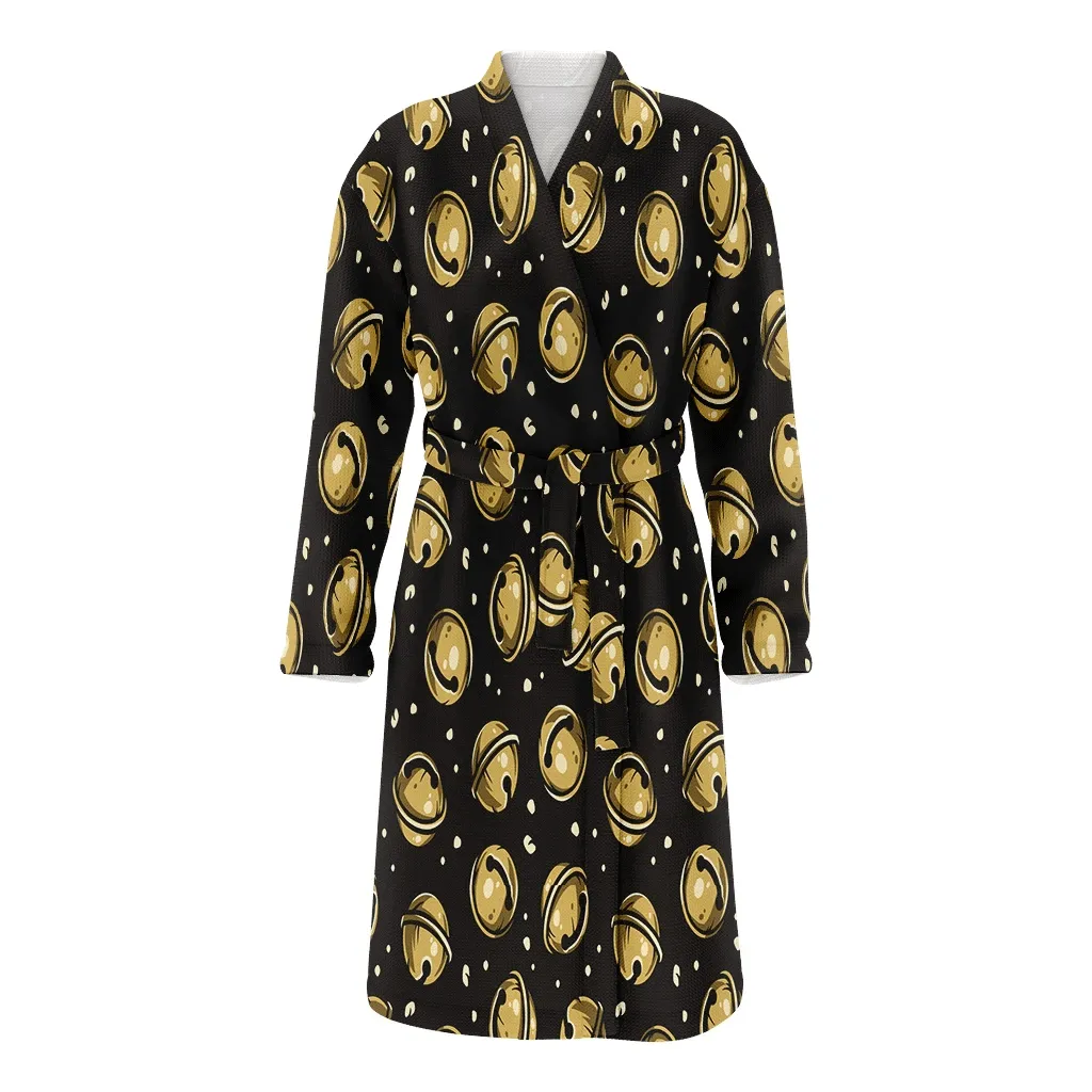 Decorative Christmas Golden Bells Illustration On Black Background Family Matching Kimono Bathrobe Satin Fleece Robe