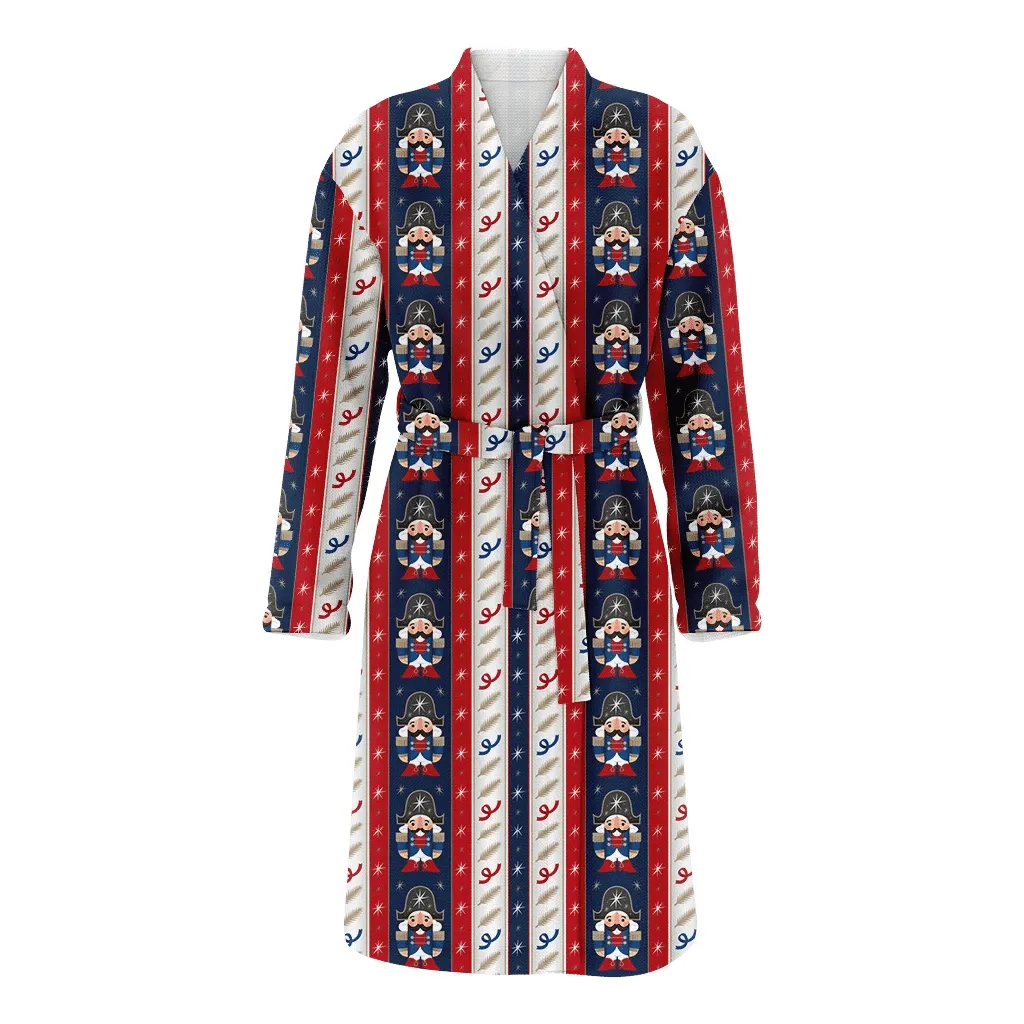 Decorative Striped Winter Pattern Elements In Nany Red White Nutcrackers Christmas Family Matching Kimono Bathrobe Satin Fleece Robe