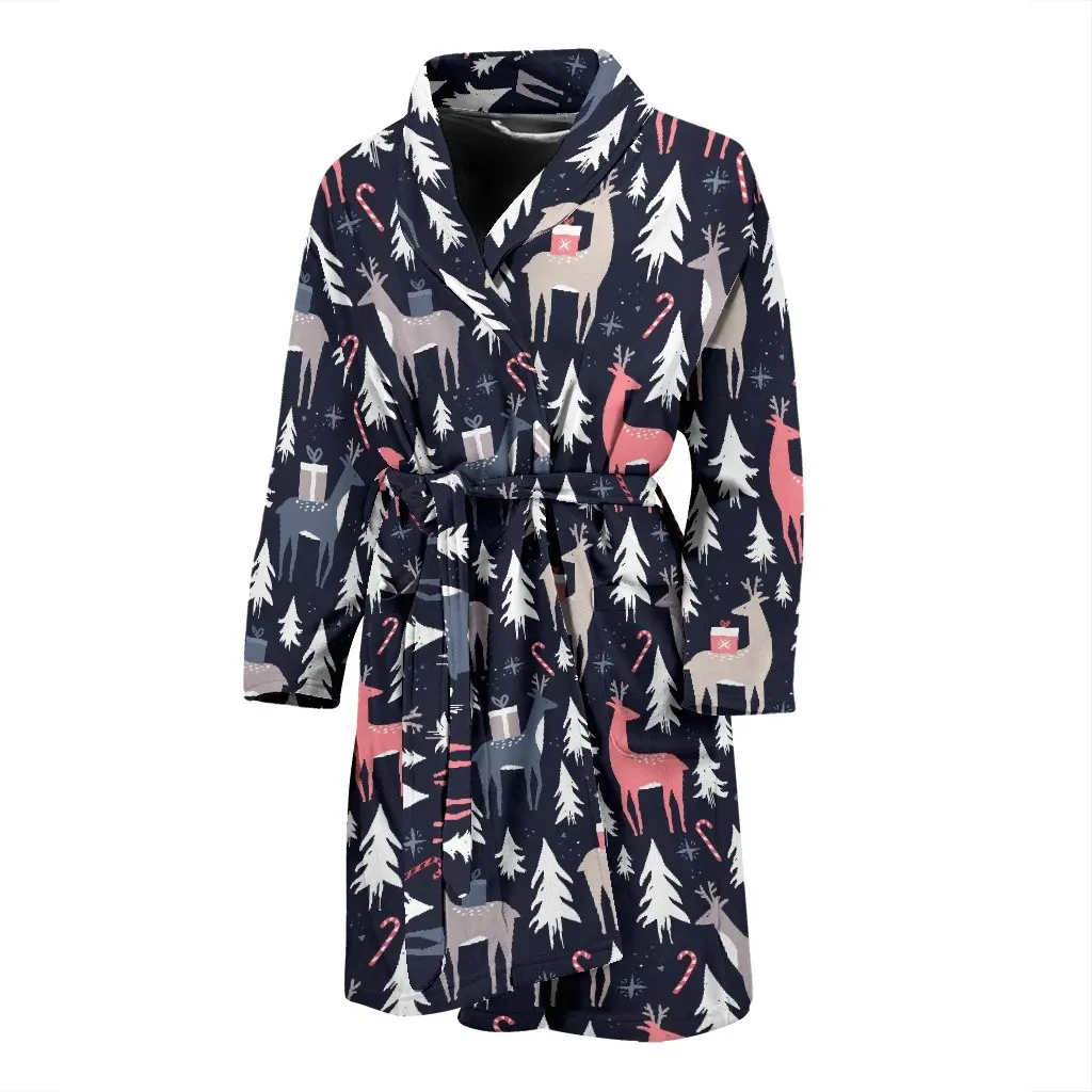 Deers In Winter Christmas Tree Pattern Family Matching Kimono Bathrobe Satin Fleece Robe