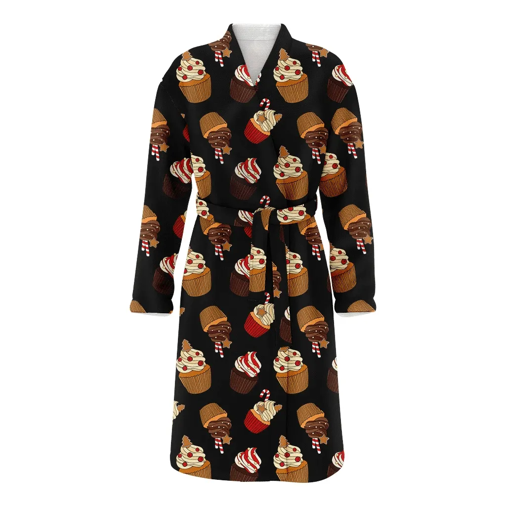 Delicious Cupcakes With Cream And Xmas Decor On Black Background Christmas Gift Family Matching Kimono Bathrobe Satin Fleece Robe