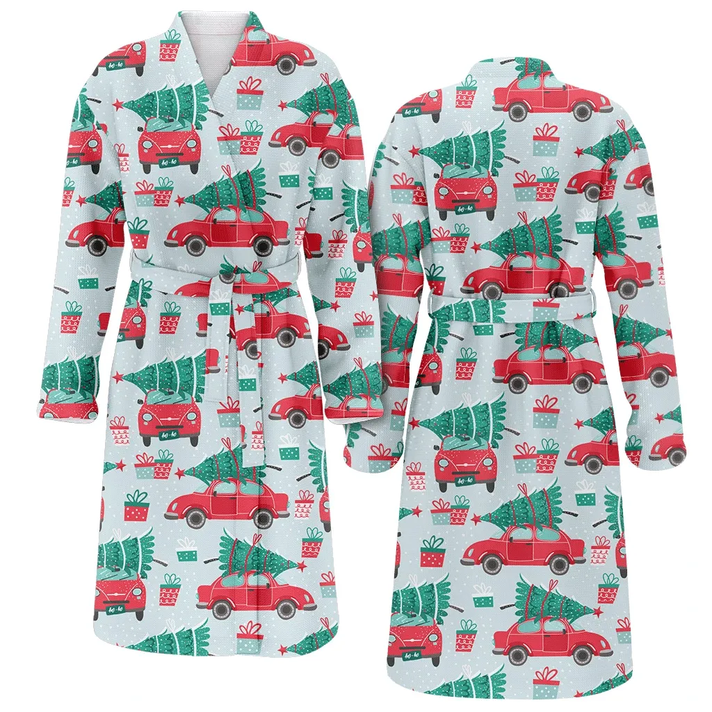 Delivery Service Christmas Gift Red Car And Tree Illustration Family Matching Kimono Bathrobe Satin Fleece Robe