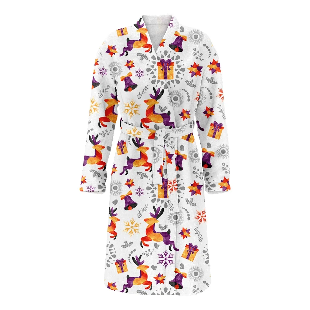 Design Watercolor Geometric Deers Gift Boxes And Ring Bells Christmas Family Matching Kimono Bathrobe Satin Fleece Robe