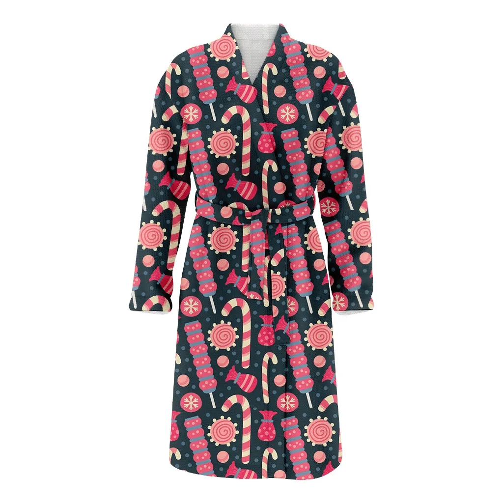 Different Types Of Candy And Chocolate Cookies In Pink Pattern Christmas Gift Family Matching Kimono Bathrobe Satin Fleece Robe