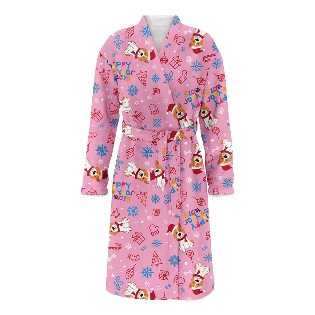 Dog Christmas And Winter Themes On Pink Family Matching Kimono Bathrobe Satin Fleece Robe