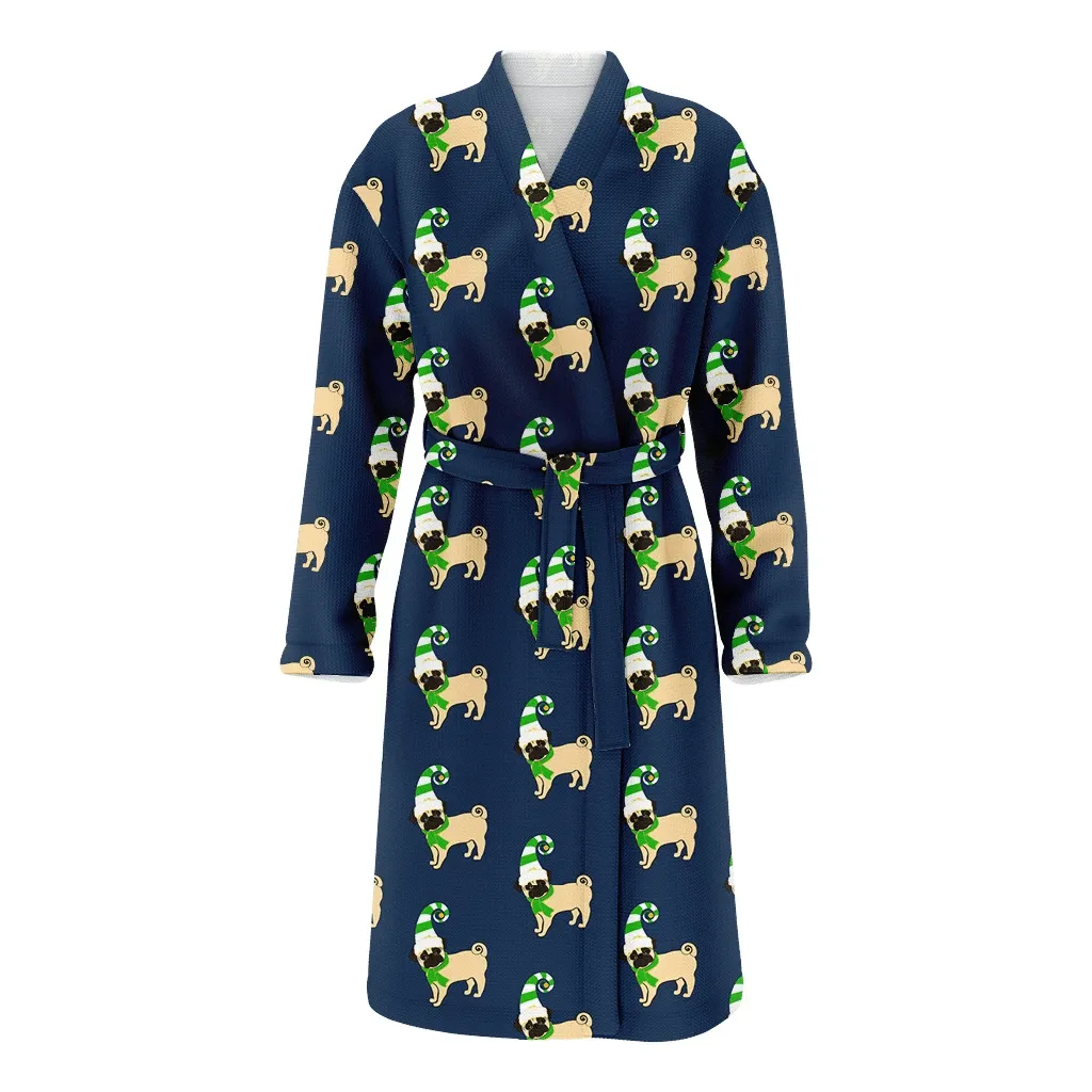 Dog In Christmas Green Costume On Blue Family Matching Kimono Bathrobe Satin Fleece Robe