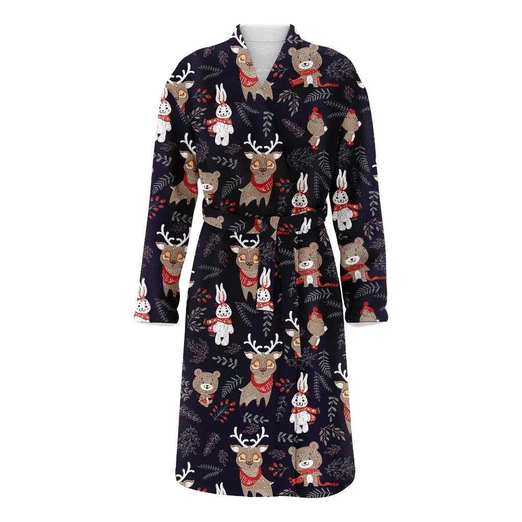 Doodle Cute Animals In Forest Wear Christmas Gift Red Scarf Pattern Family Matching Kimono Bathrobe Satin Fleece Robe