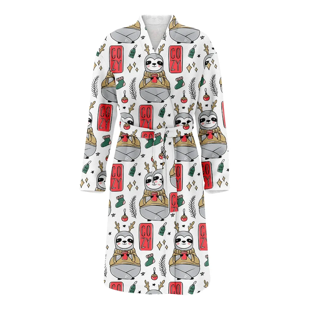 Doodle Lazy Sloth Bear With A Cup Of Coffee Christmas Family Matching Kimono Bathrobe Satin Fleece Robe