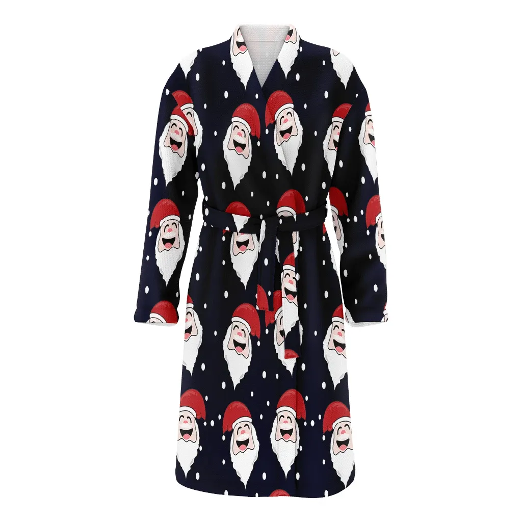 Drawing Cartoon Smiling Santa Claus Face And Dots Pattern Christmas Gift Family Matching Kimono Bathrobe Satin Fleece Robe