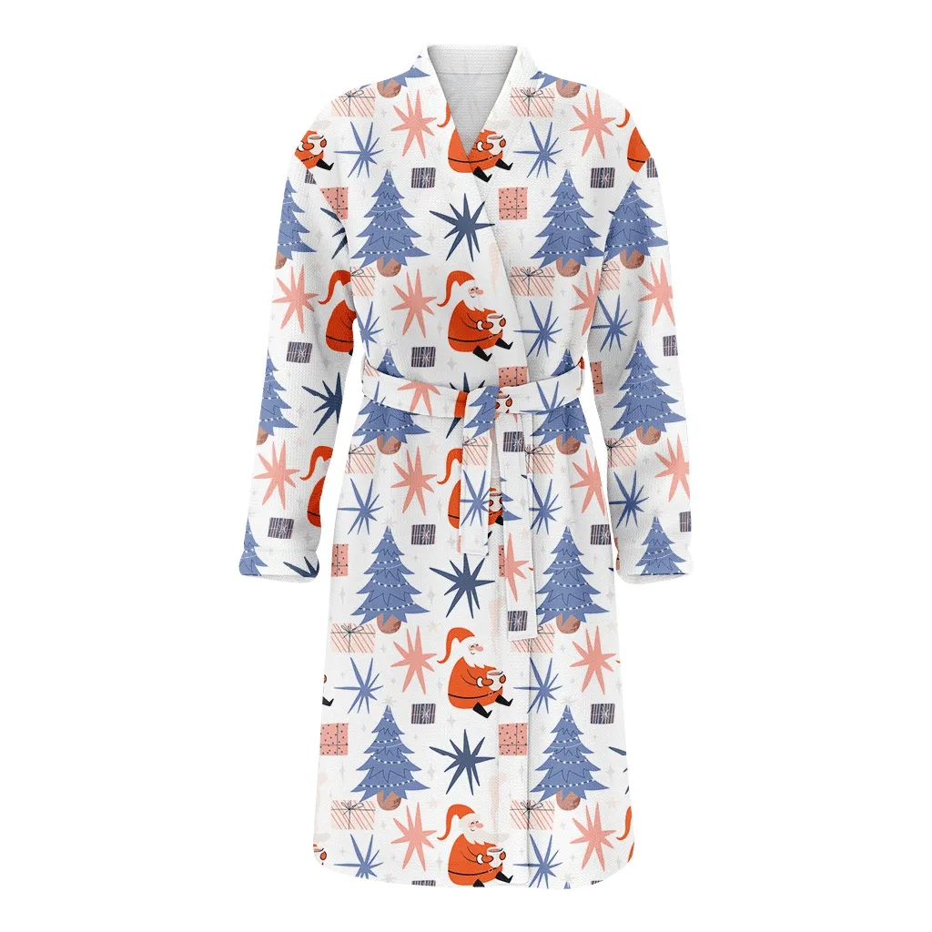 Festive Bright Pattern With Santa Christmas Gift Tree And Gifts Family Matching Kimono Bathrobe Satin Fleece Robe