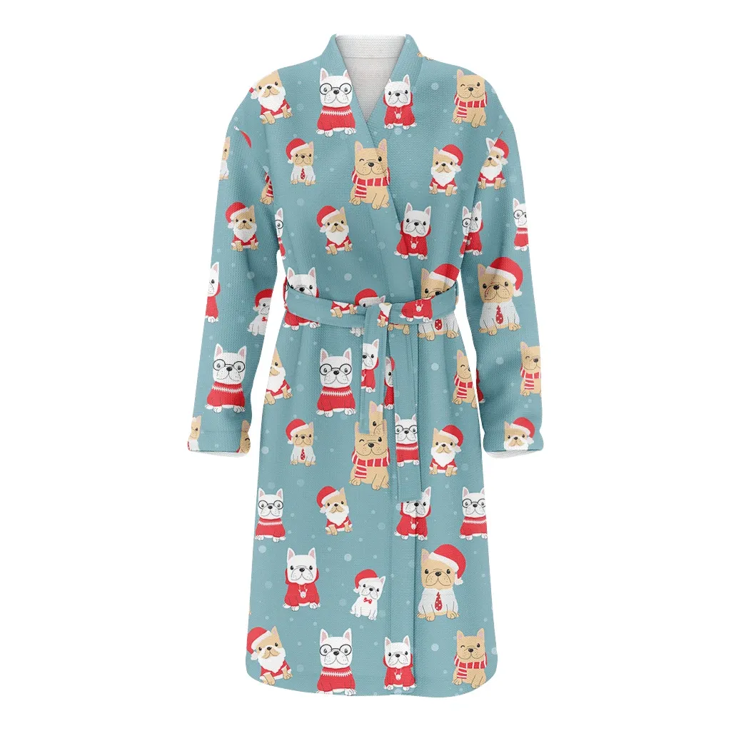 French Bulldog Puppy Dog In Christmas Costume Family Matching Kimono Bathrobe Satin Fleece Robe