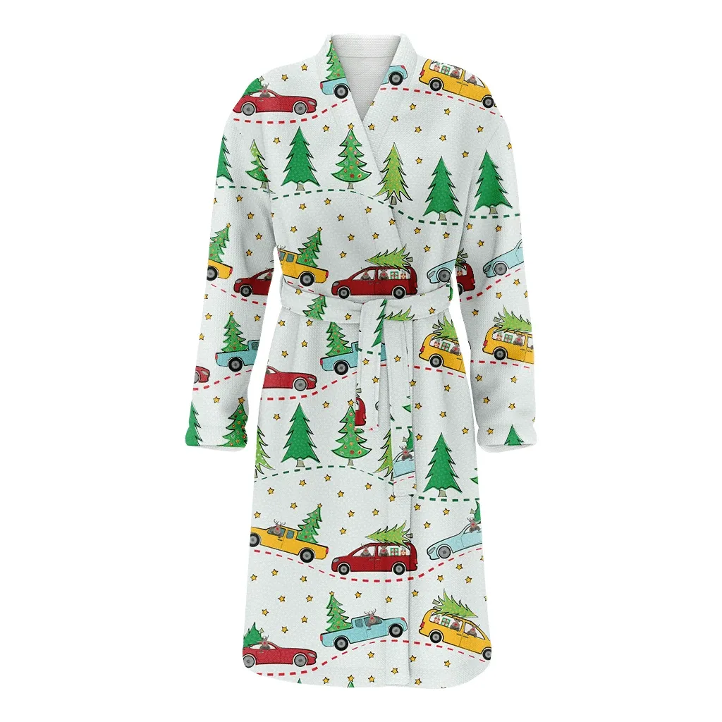 Funky Multicolor Winter Landscape With Cartoon Reindeers Cars And Trees Christmas Gift Family Matching Kimono Bathrobe Satin Fleece Robe