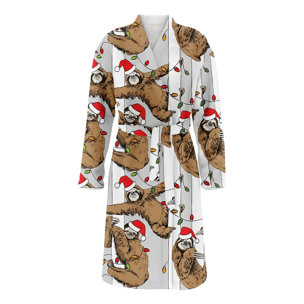 Funny Brown Sloth In A Santa Hat On Christmas Tree Family Matching Kimono Bathrobe Satin Fleece Robe