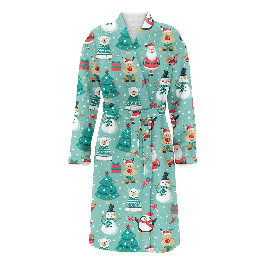 Funny Cartoon Santa Claus In Christmas Gift Forest Design Family Matching Kimono Bathrobe Satin Fleece Robe