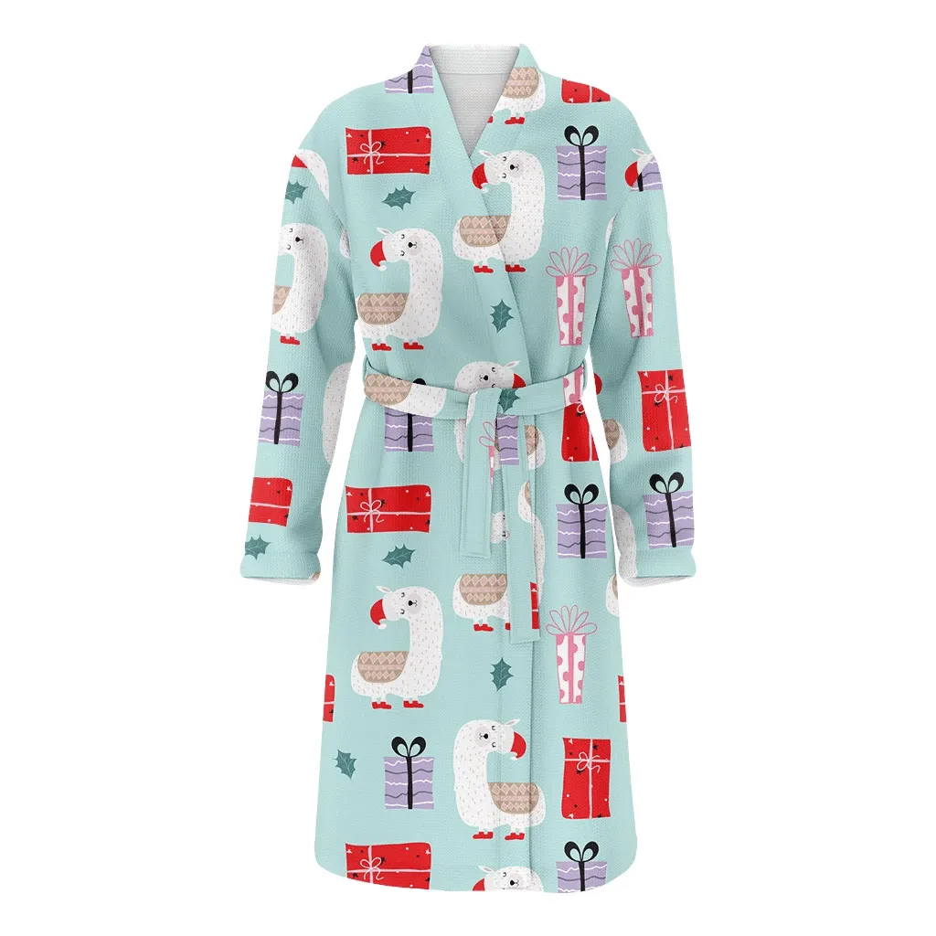 Funny Llama Santa With Colorful Christmas Gifts Family Matching Kimono Bathrobe Satin Fleece Robe