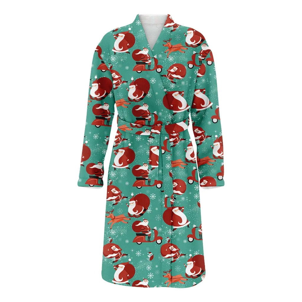 Funny Moments Of Santa And His Reindeer On Christmas Gift Family Matching Kimono Bathrobe Satin Fleece Robe