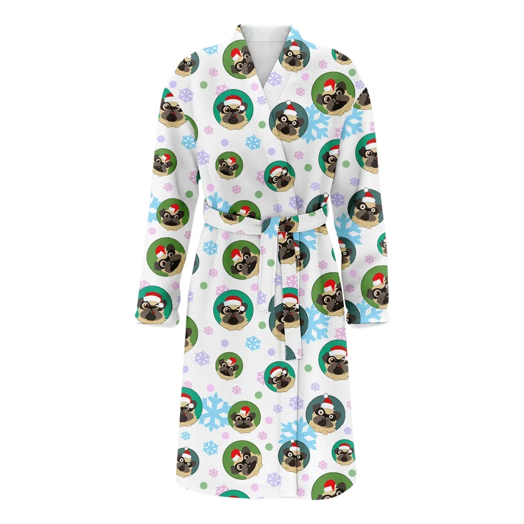 Funny Pugs In Christmas Hat On Circled Family Matching Kimono Bathrobe Satin Fleece Robe