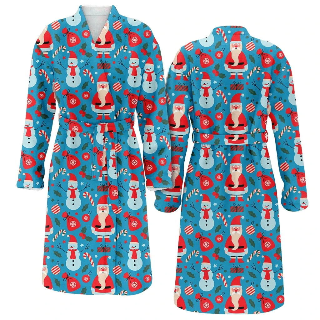 Funny Santa Clau With Gift Bag And Sweet Candy Cane Christmas Gift Family Matching Kimono Bathrobe Satin Fleece Robe